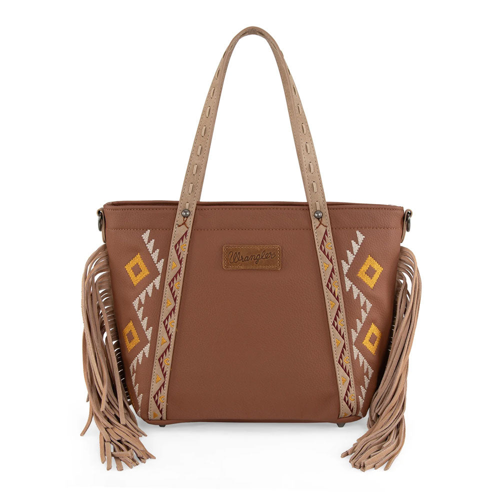 WG233-2009 Wrangler Aztec Embroidered Tote Crossbody Bag - Light Brown