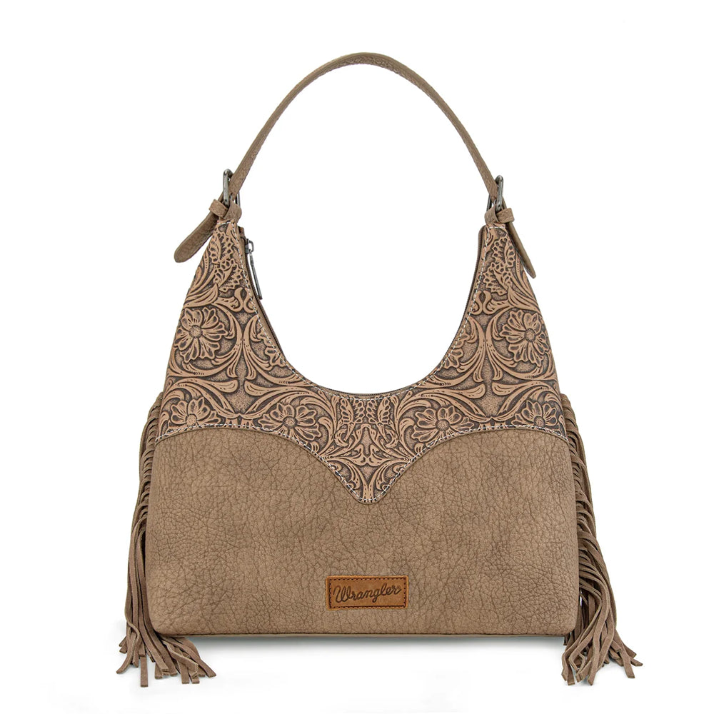 WG265-3027KH Wrangler Fringe Floral Tooled Hobo Bag - Khaki