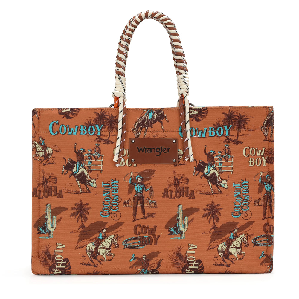 WG284D-8119 Wrangler Cowboy Dual Sided Print Canvas Wide Tote - Brown