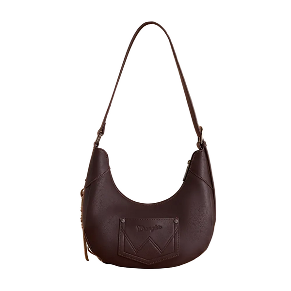 WG444-818CF Wrangler Cow Print Fringe Shoulder Hobo Bag Purse - Coffee