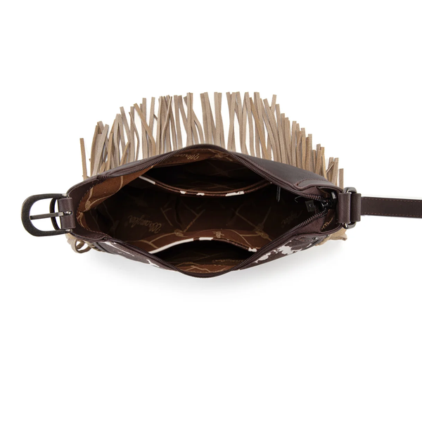 WG444-818CF Wrangler Cow Print Fringe Shoulder Hobo Bag Purse - Coffee
