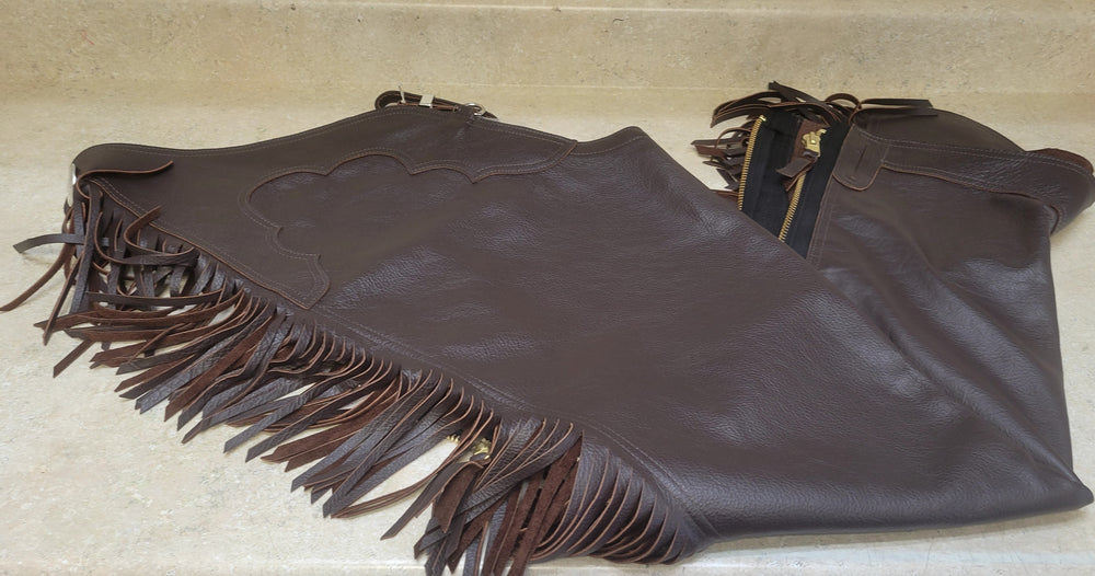 Custom Wire Horse Brown Smooth Leather Chaps with Fringe- Size XL Long