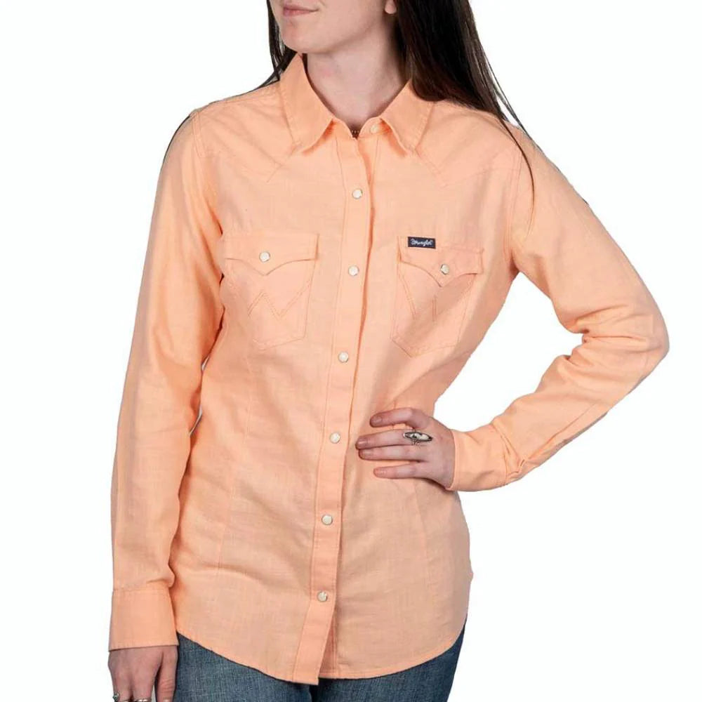 112347182 Wrangler Women's Retro® Long Sleeve Solid Peach Snap Shirt