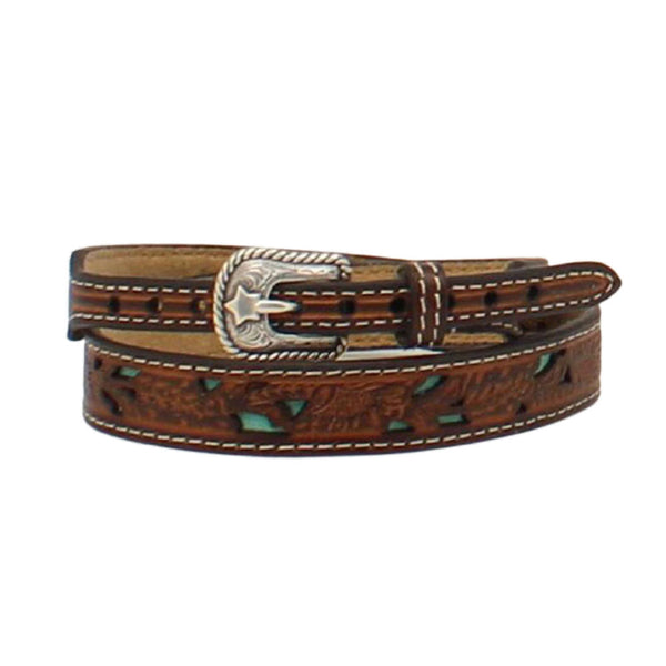 0275433 Twister Brown Floral Tooled Leather Hatband with Turquoise Inlay