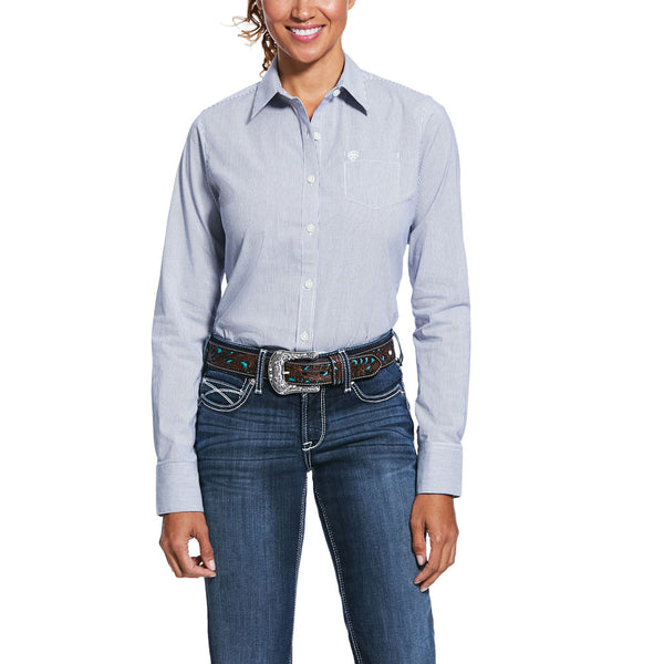 10032006 Ariat Women's Wrinkle Resist Kirby Stretch Shirt Long Sleeve Blue Stripe