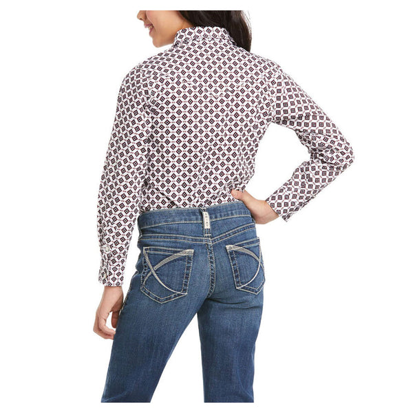 10036331 Ariat Girl's R.E.A.L Mill Snap Long Sleeve Western Snap Shirt - White Print
