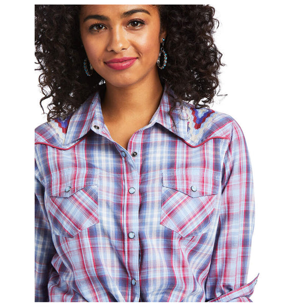 10039846 Ariat Women's Real Cornflower Long Sleeve Snap Shirt - Cornflower Plaid