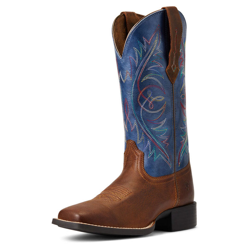 10040422 Ariat Women's Round Up Wide Square Toe Stretch Fit Western Boot Sassy Brown / Metallic Navy