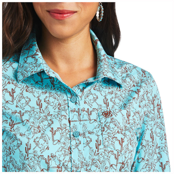 10040582 Ariat Women's Kirby Long Sleeve Stretch Button Shirt - Amazonite Bucking Bronc