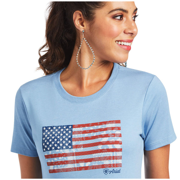 10040962 Ariat Women's Paisley Flag Short Sleeve T-Shirt - Heather Blue