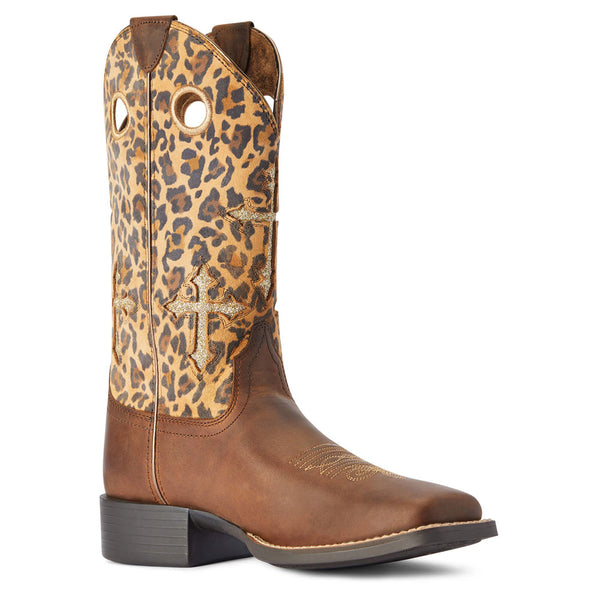 10042384 Ariat Women's Round Up Crossroads Wide Square Toe Western Boot - Distressed Tan/ Sparkle Leopard