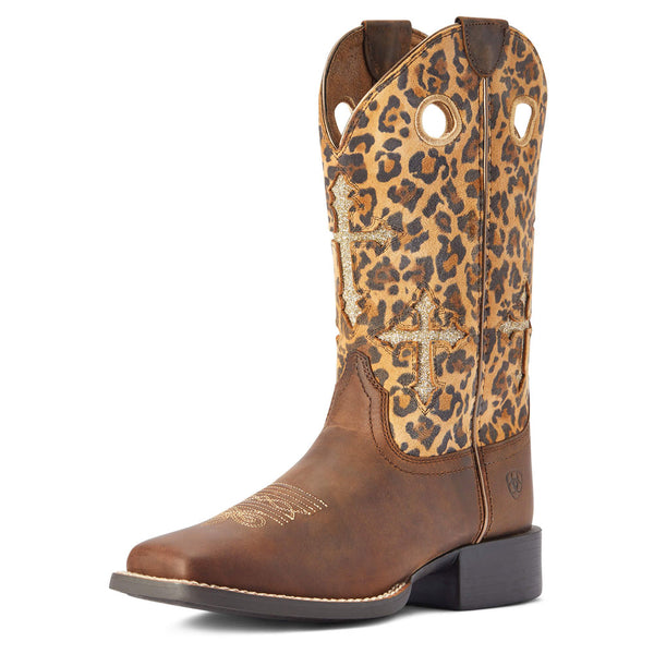 10042384 Ariat Women's Round Up Crossroads Wide Square Toe Western Boot - Distressed Tan/ Sparkle Leopard