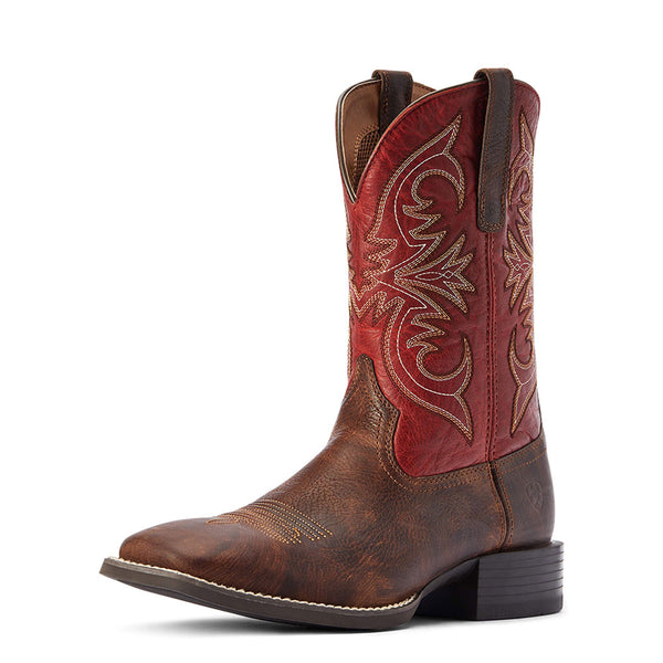 10042391 Ariat Men's Sport Pardner Western Cowboy Boot Wide Square Toe - Matte Rebel Brown/Blood Red