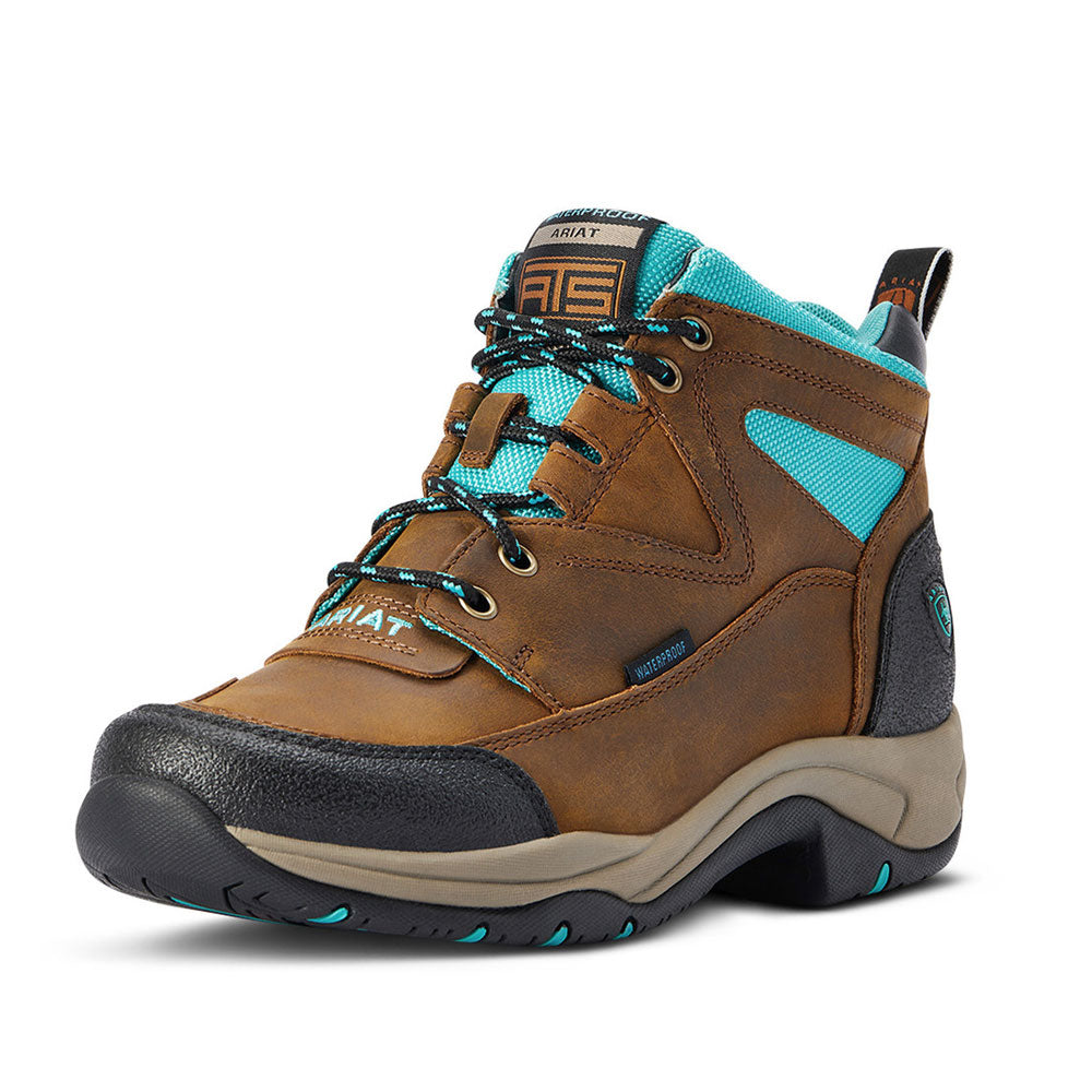 10042538 Ariat Women's Terrain H2O Shoe Lace Up Boot- Weathered Brown & Turquoise