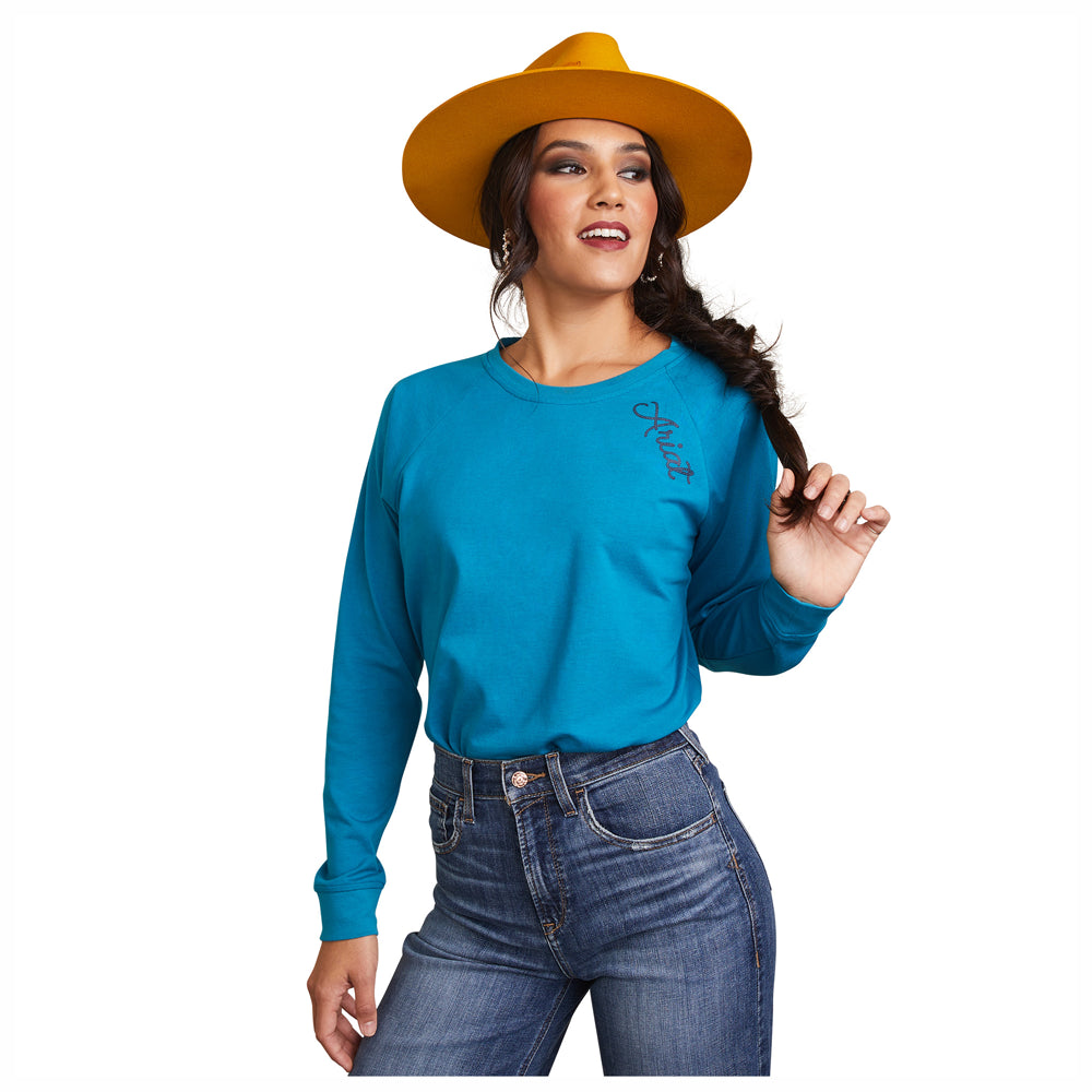 10043411 Ariat Women's Ropey Shield Long Sleeve Graphic Tee - Mosaic Blue