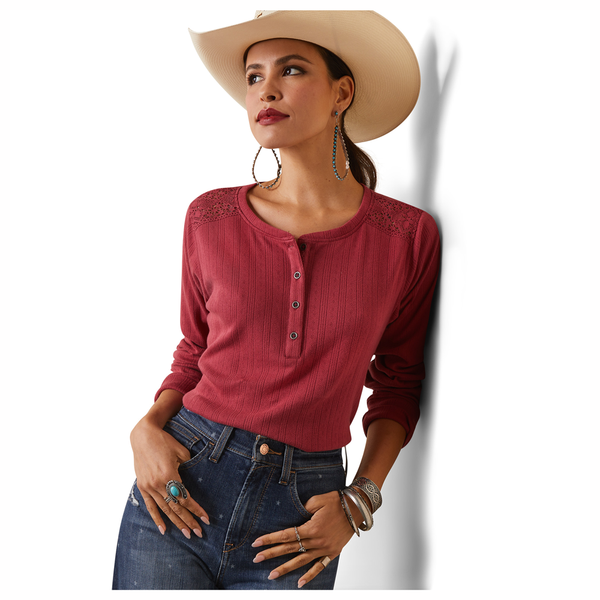 10043413 Ariat Women's Pointelle Henley Long Sleeve Top - Earth Red