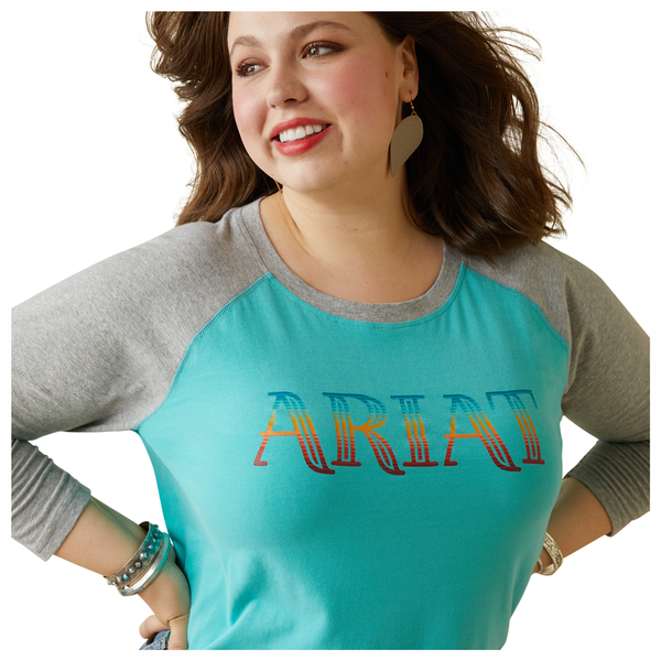 10043420 Ariat Women's 3/4 Sleeve Tee -Serape Stripe ARIAT - Turquoise & Heather Grey