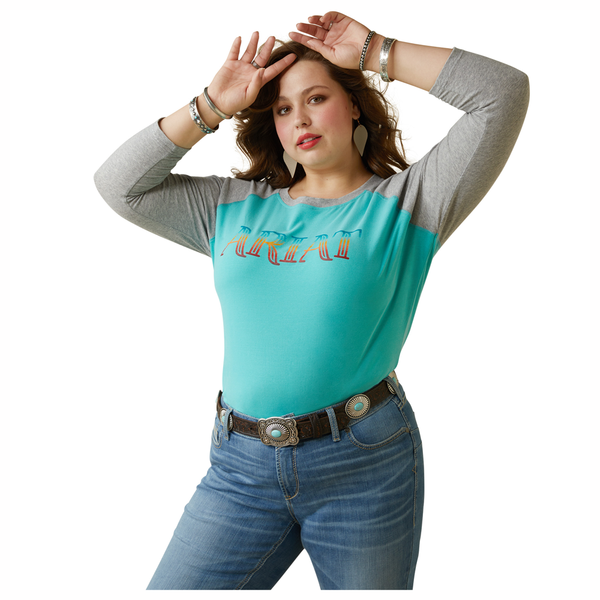 10043420 Ariat Women's 3/4 Sleeve Tee -Serape Stripe ARIAT - Turquoise & Heather Grey