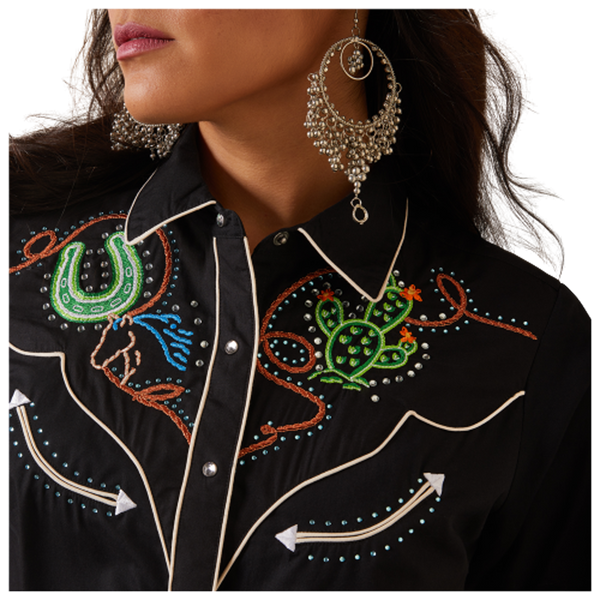10043689 Ariat Women's Wynette Long Sleeve Western Snap Shirt - Black with Embroidery