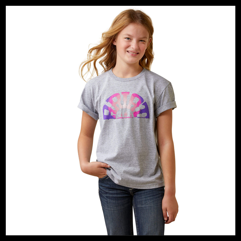 10044611 Ariat Girls' Rainbow Sunset Short Sleeve Tee - Athletic Heather Grey