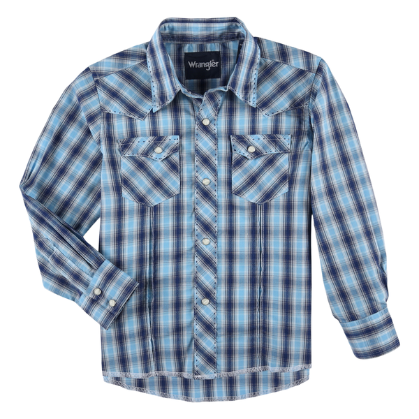 112324658 Wrangler Boys Wrinkle Resist Long Sleeve Western Snap Shirt - Blue Plaid