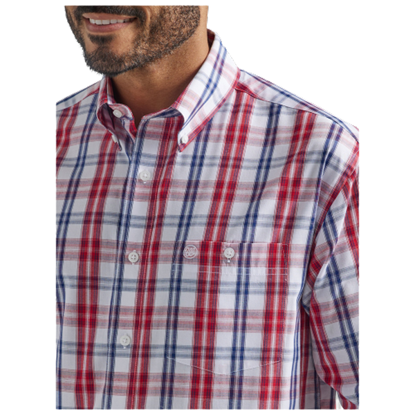 112324792 Wrangler Men's Relaxed Fit Button Down Long Sleeve Shirt- Blue Red Plaid