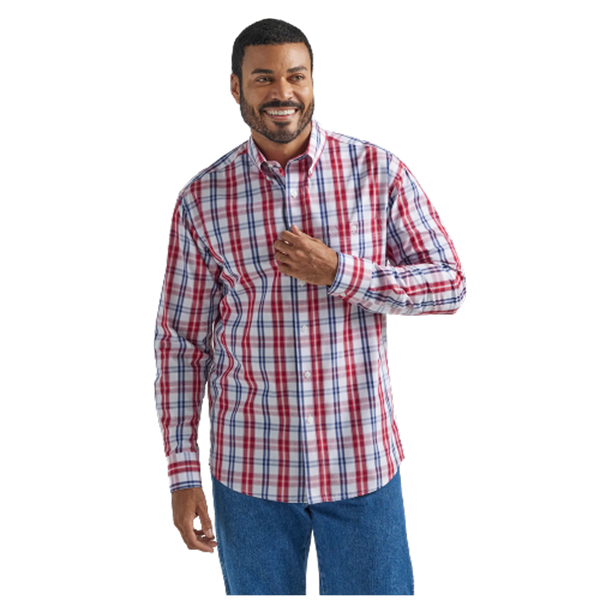 112324792 Wrangler Men's Relaxed Fit Button Down Long Sleeve Shirt- Blue Red Plaid