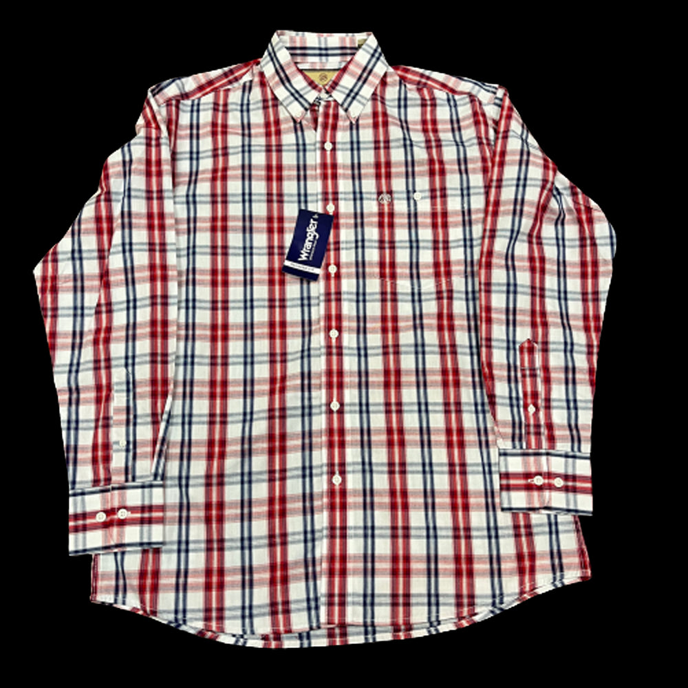 112324795 Wrangler Men's Relaxed Fit Button Down Long Sleeve Shirt- Red & Blue Plaid