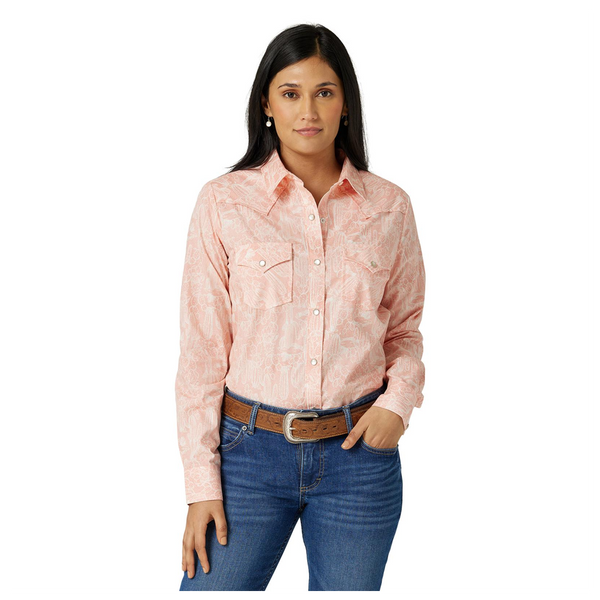 112327235 Wrangler Women's Essential Long Sleeve Snap Shirt - Pink Print