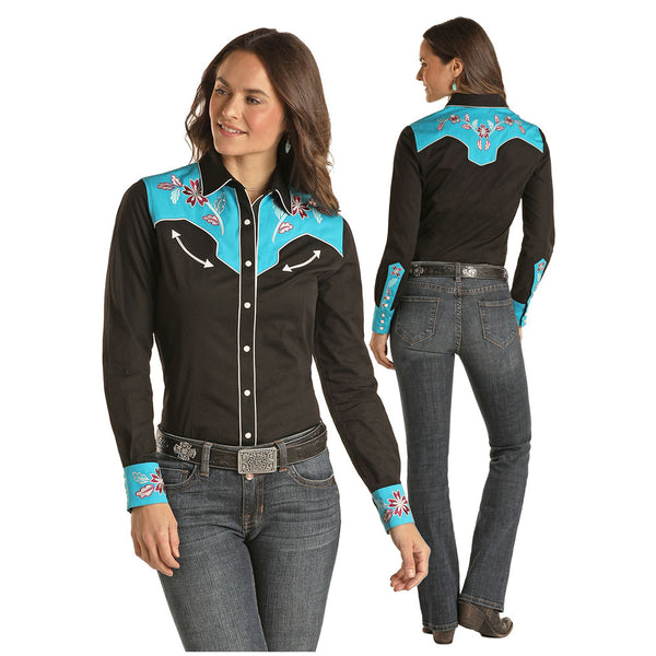 22S2105 Panhandle Women's Retro Embroidered Snap Western Shirt - Black & Turquoise