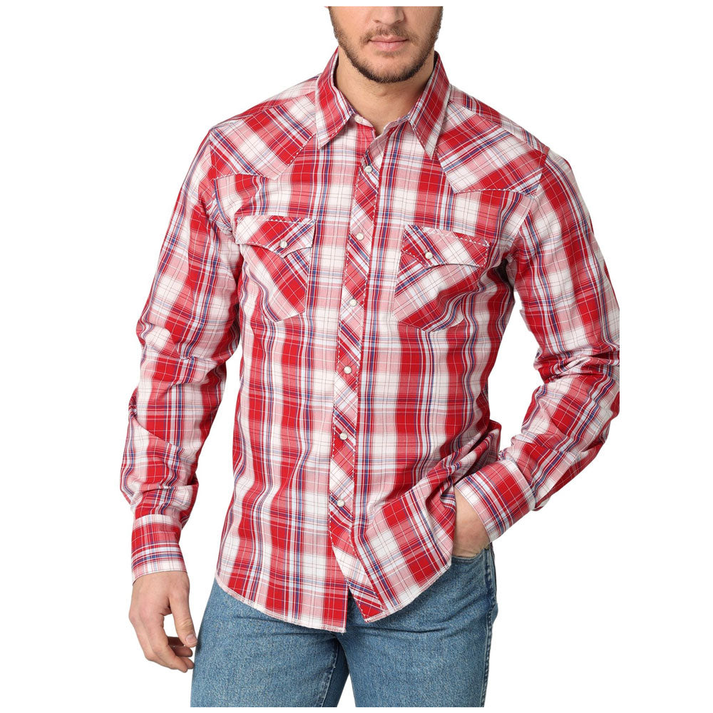 2314883 Wrangler Men's Long Sleeve Plaid Western Shirt Red White and Blue Plaid