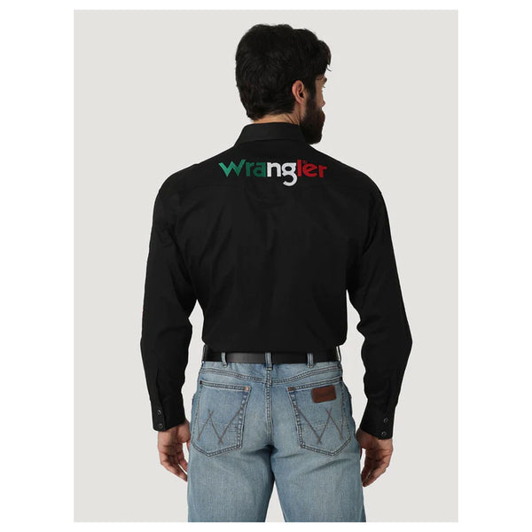2317124 Wrangler Men's Long Sleeve Mexico Logo Snap Shirt - Black
