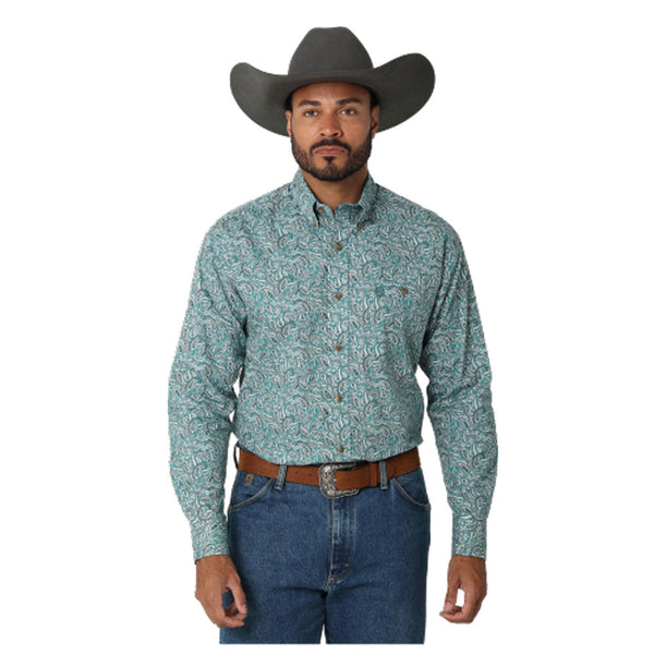 2318983 Wrangler Men's George Straight One Pocket Long Sleeve Button Western Shirt- Green Paisley