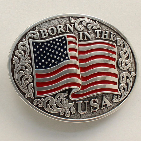 37594 Nocona Men's Oval Born In The USA Flag Belt Buckle
