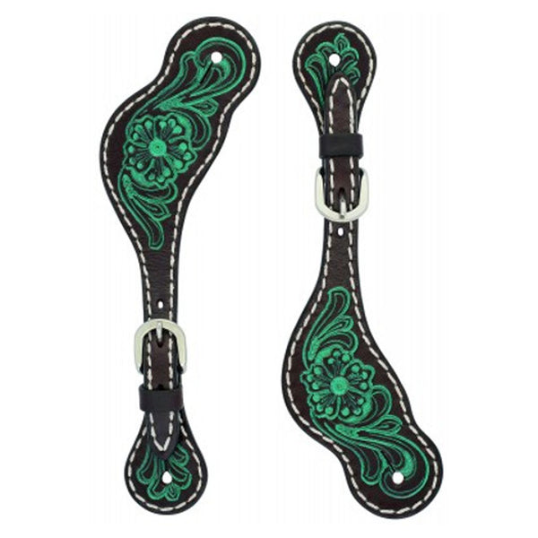 45-0425 Turquoise Cross Ladies Dark Oil with Carved Turquoise Floral Tooling Spur Straps Weaver Leather