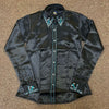 70020BLACK Royal Highness Poly Satin Show Shirt w/Stones Concealed Zipper Faux Button Placket