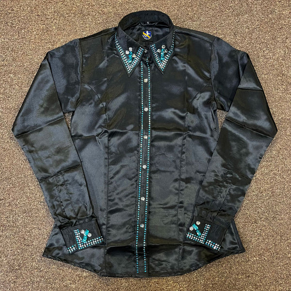 70020BLACK Royal Highness Poly Satin Show Shirt w/Stones Concealed Zipper Faux Button Placket