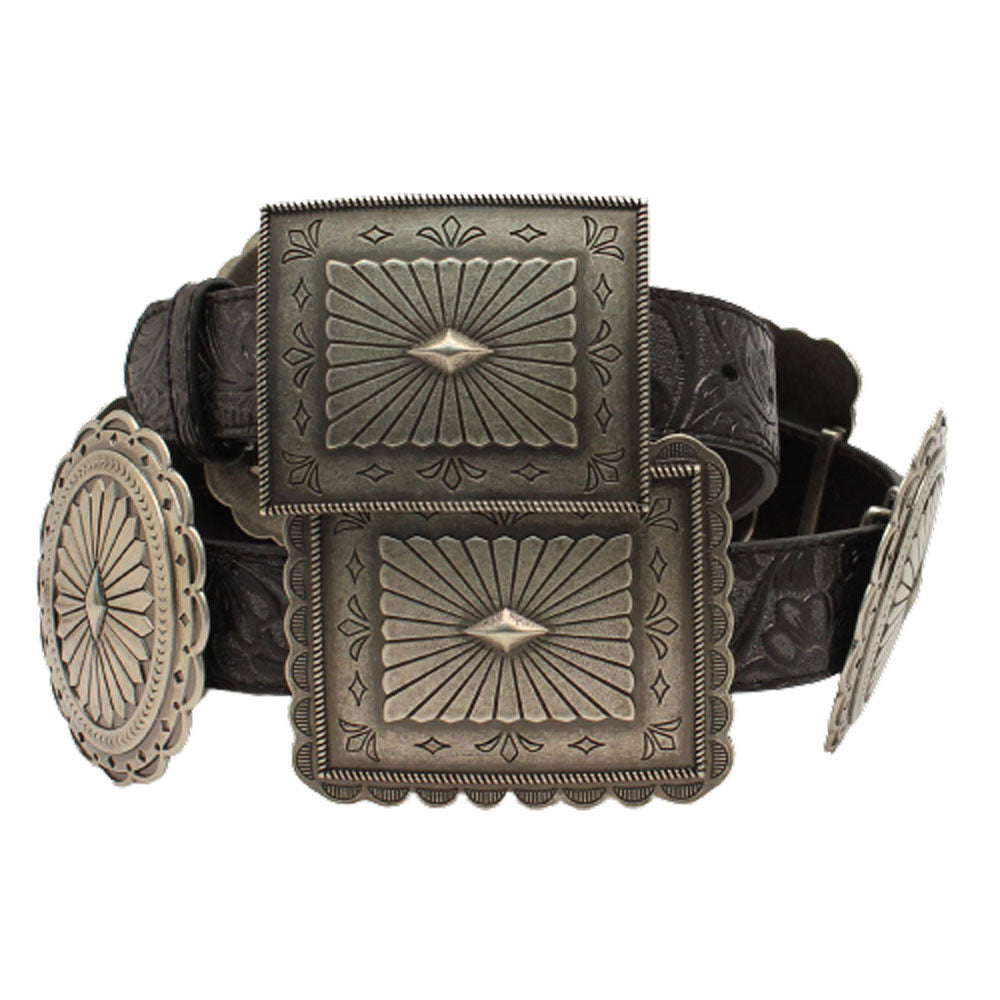 A1531801 Ariat Women's Black Leather Belt with Large Rectangle Silver Conchos