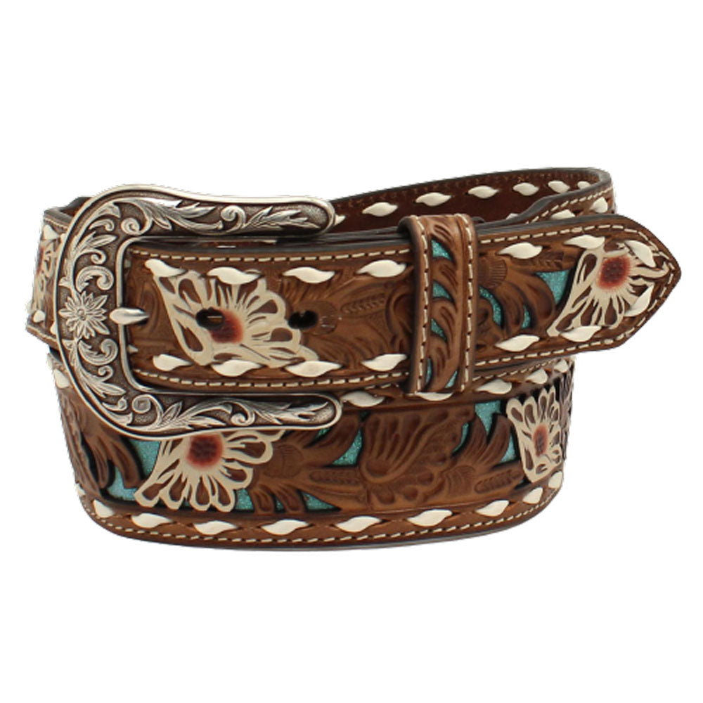 A1533102 Ariat Women's Floral Pierced Lacing Brown Leather Belt