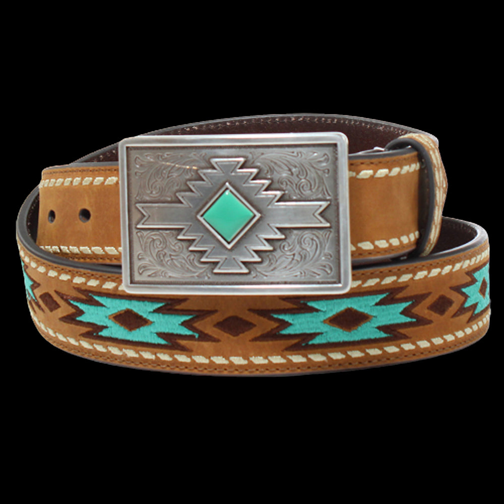 A1590202 Ariat Women's Brown Turquoise Aztec Embroidered Leather Belt with Silver Buckle