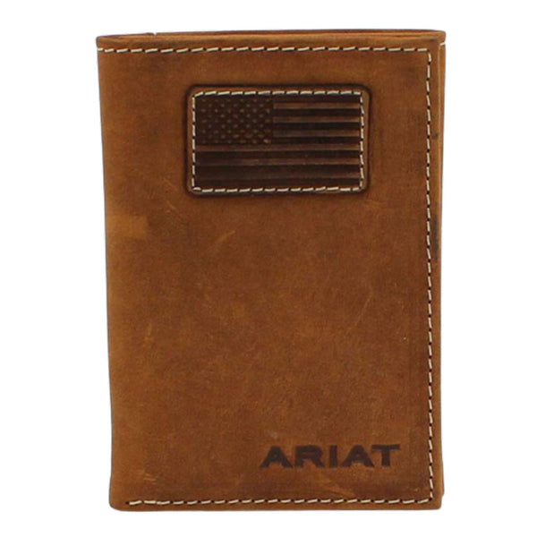 A3548444 Ariat Men's Brown Trifold Flag Patch Logo Leather Wallet