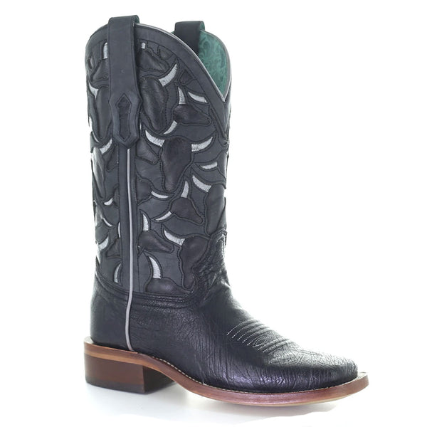 A4058 Corral Ladies Black Ostrich Inlay & Embroidery Square Toe Cowboy Boot