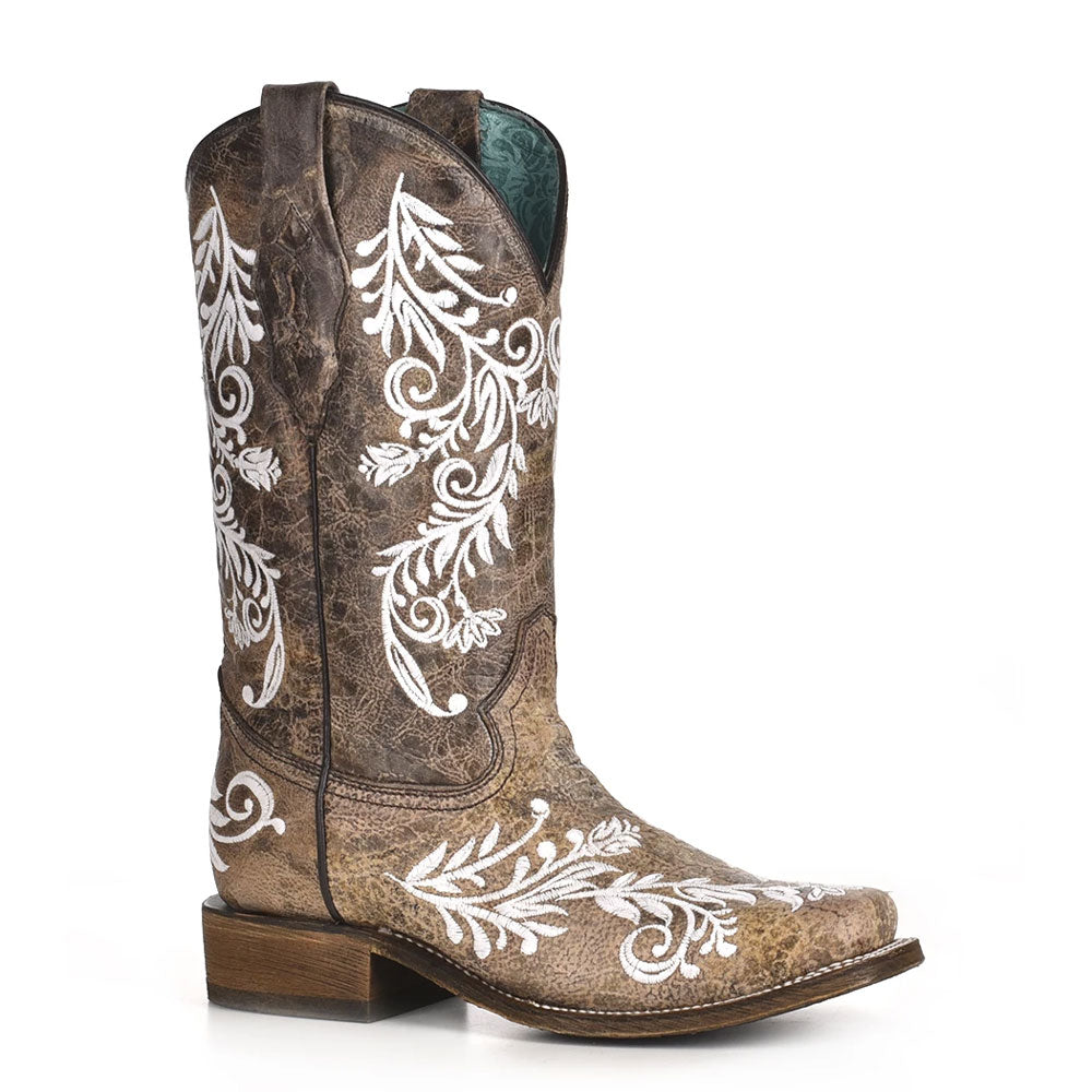A4063 Corral Women's Brown with White Embroidery Square Toe Western Boots