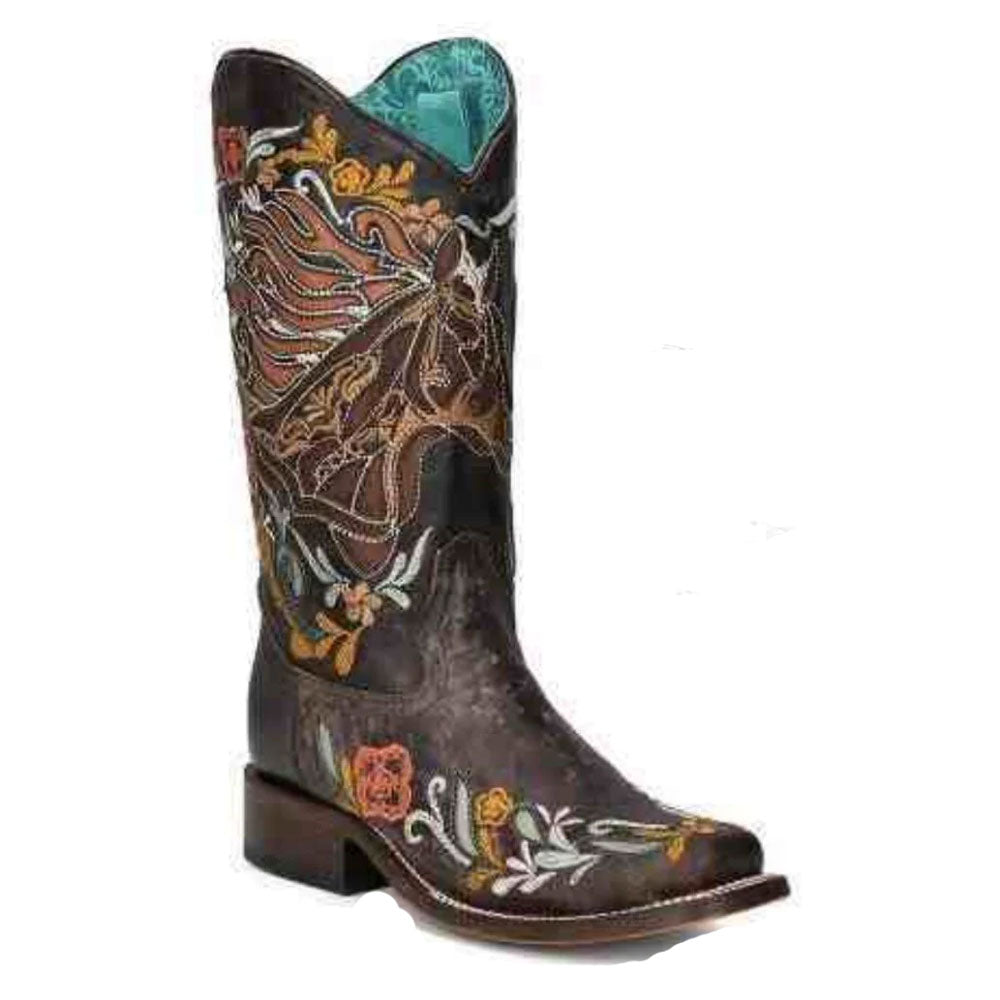 A4267 Corral Women's Brown Horse Multicolor Inlay Square Toe Western Cowboy Boots