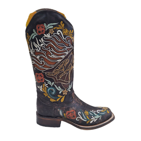A4267 Corral Women's Brown Horse Multicolor Inlay Square Toe Western Cowboy Boots