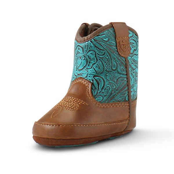 A442003102 Ariat Round Up Lil' Stompers Infant Boots- Brown w/ Tooled Turquoise Top