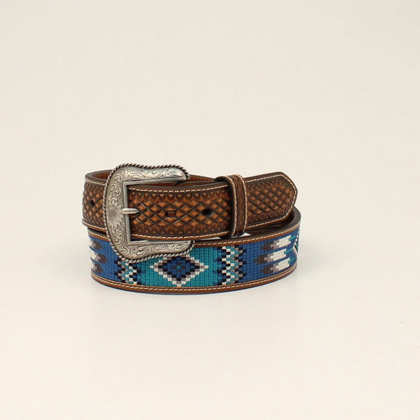 A1038702 Ariat Men's Brown & Blue Southwest Embroidered Leather Belt