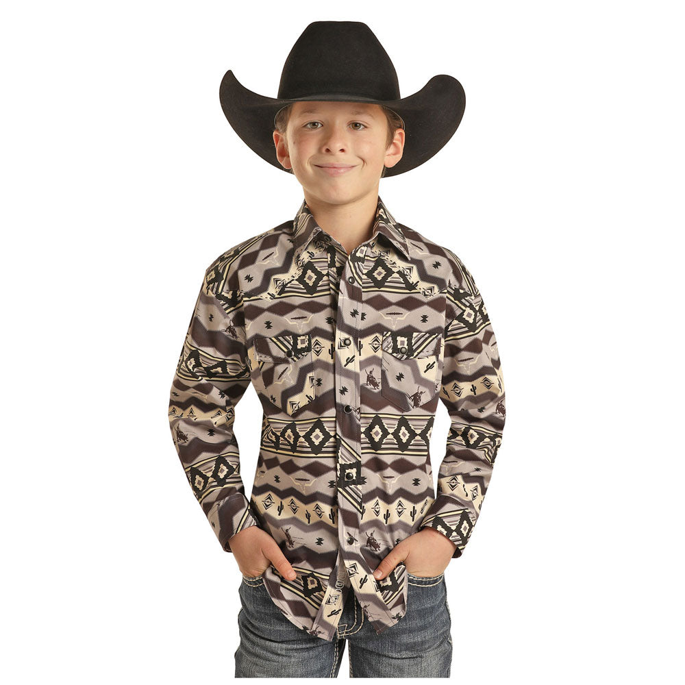 B8S7058 Rock & Roll Boy's Dale Brisby Aztec Print Bucking Bull Long Sleeve Snap Shirt