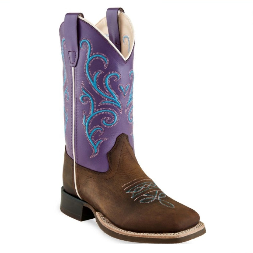 BSC1907 Old West Girl's Square Toe Leather Western Boot Brown with Purple Top