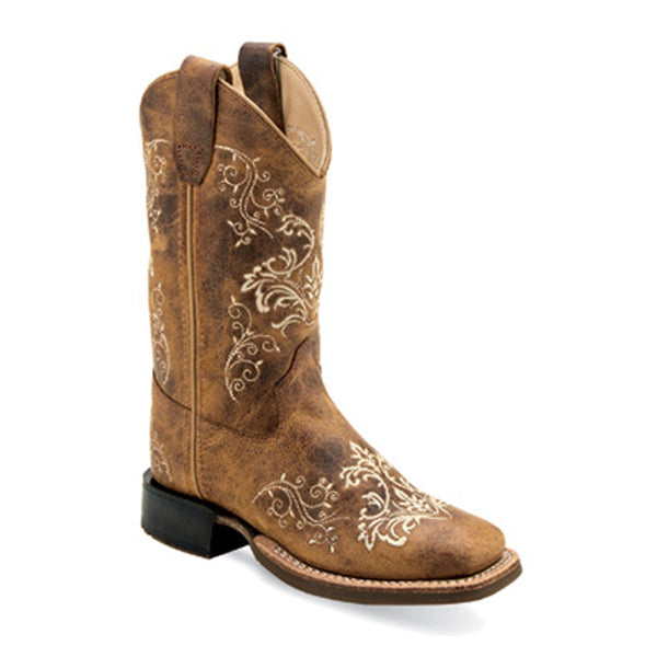 BSY1958 Old West Girl's Youth Square Toe Leather Western Boot Brown with Embroidery
